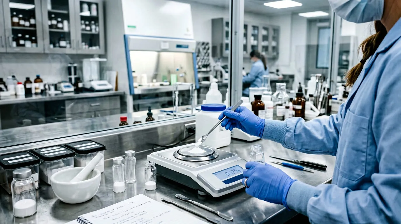 Modern compounding pharmacy interior with sterile workstation and ingredient bins