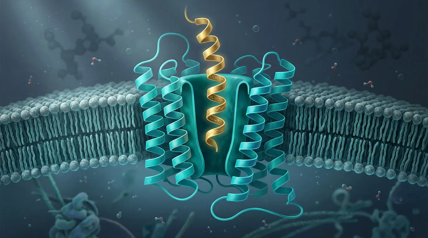 Stylized peptide molecule docking into a glowing receptor pocket on a cell membrane