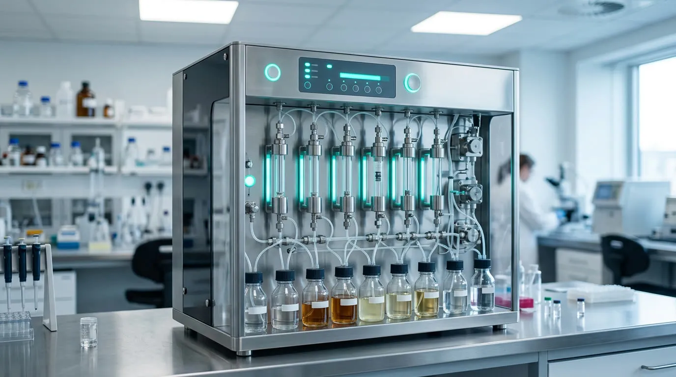 Modern automated peptide synthesizer in a pharmaceutical manufacturing lab
