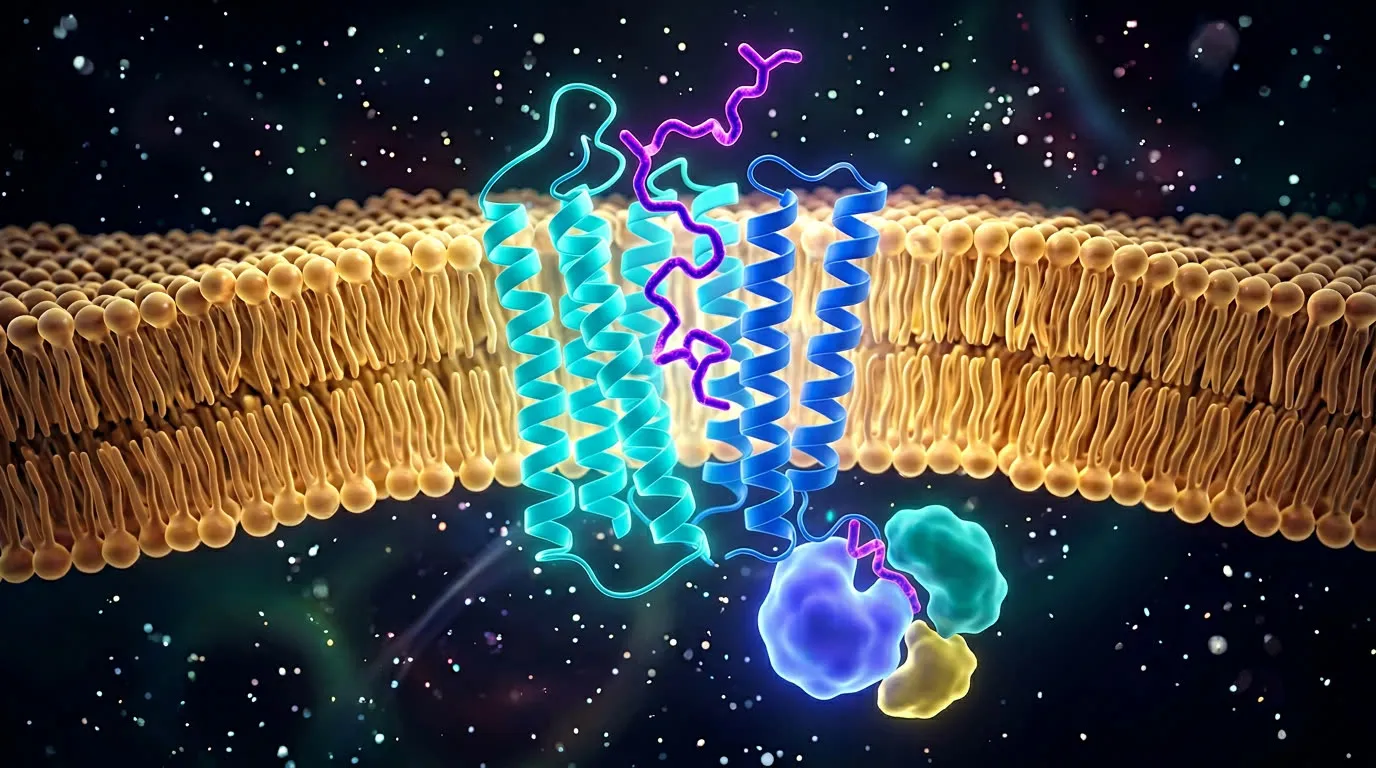Stylized G-protein coupled receptor embedded in a cell membrane with a peptide ligand bound at the extracellular surface