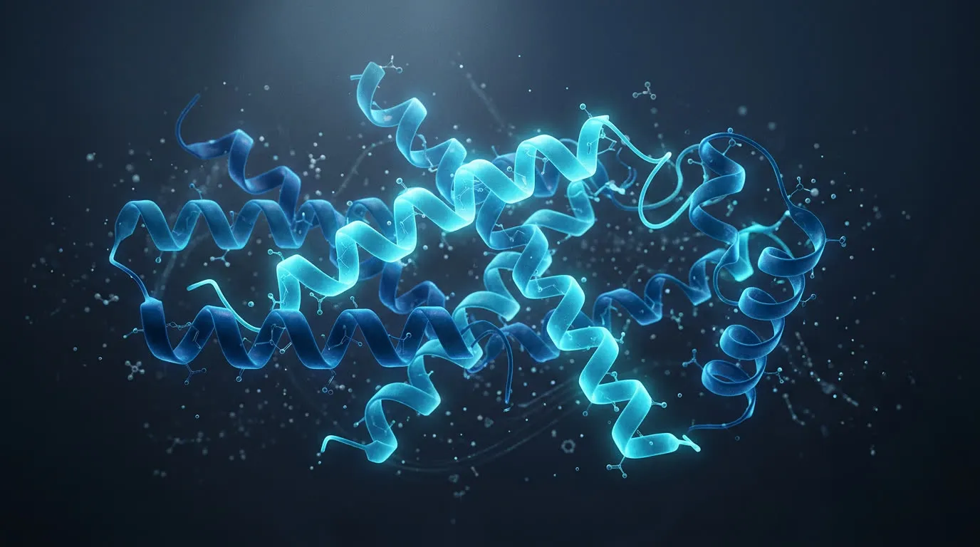 Glowing peptide alpha helices suspended in a deep blue scientific composition